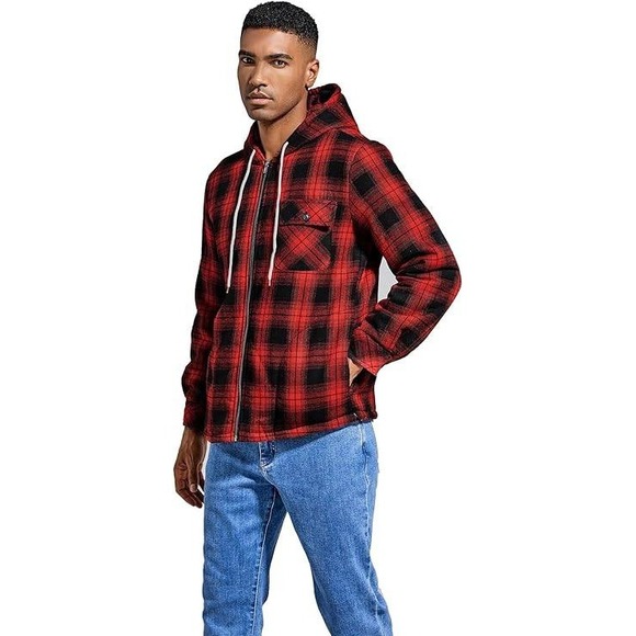 Elesuit Men's‎ Red Black Plaid Fleece Lined Hooded Flannel Jacket 2XL - Picture 11 of 12